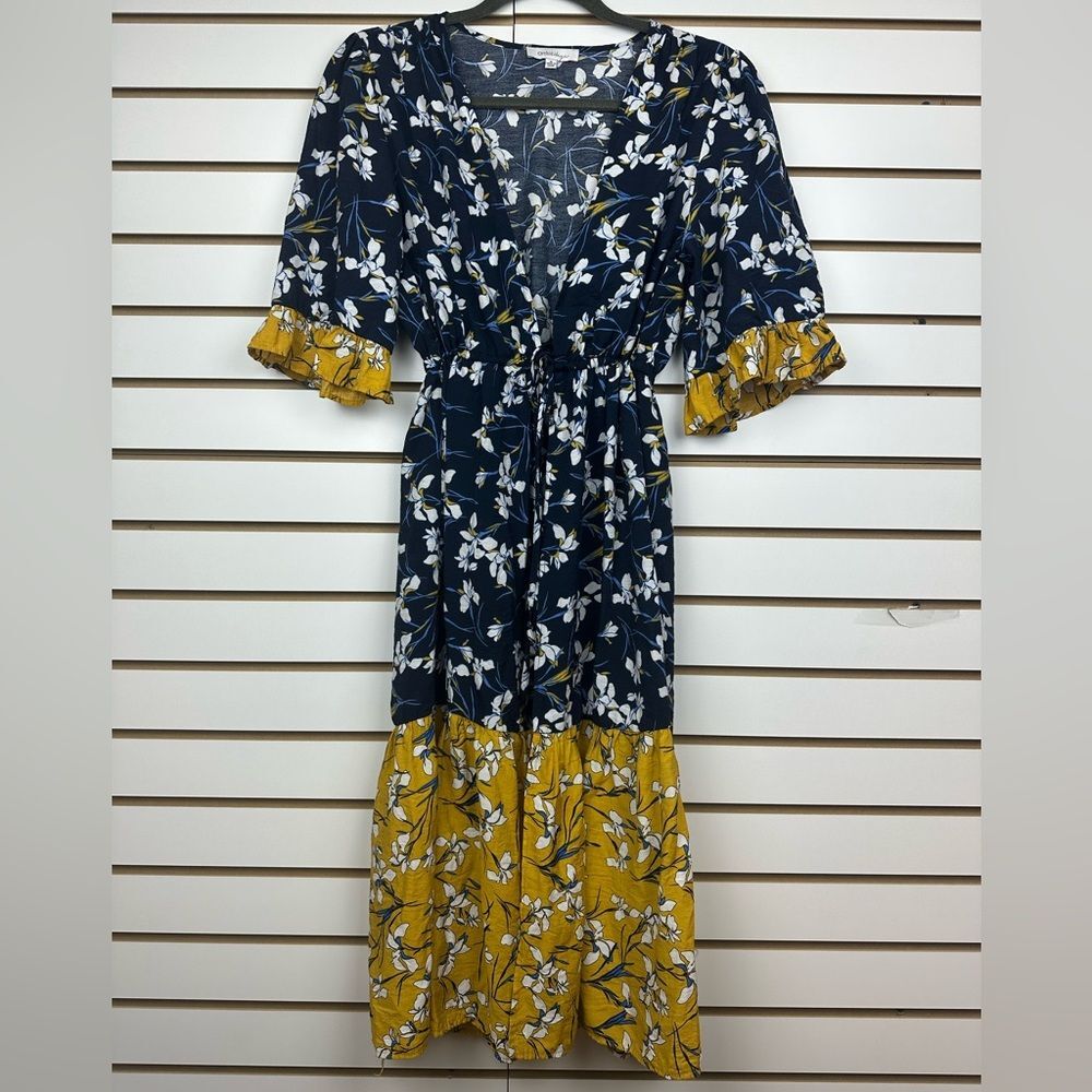 Floral Print Blue/Yellow Cover up/ Kimono/Cardigan Dress Sz Small Tie at Front